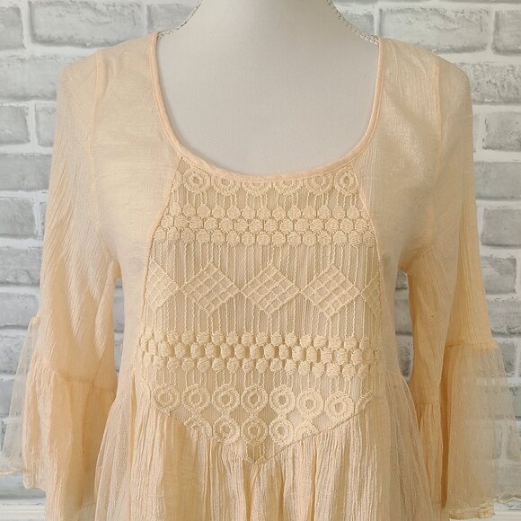 Rebellion Gauze Lace Bell Sleeve Blouse Top Sheer Romantic Feminine Boho Chic M - Picture 2 of 11
